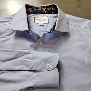 Charles Tyrwhitt Dress Shirt Non Iron Classic Fit 16.5/35 Blue Contrast Cuff EUC